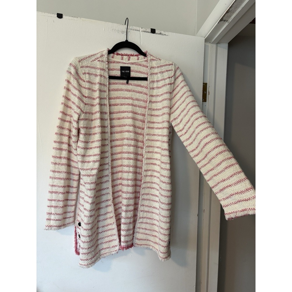 NIC+ZOE Cardigan Women's Small Pink Fringe Trim Knit Jacket Open Preppy Tweed